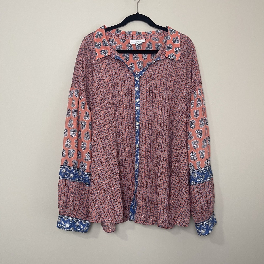 J.Jill Mixed Print Button Down Blouse Boho Block Print Coastal Artisan Tunic Top